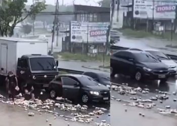 Vídeo: carga de cerveja cai na rua e povo leva as geladas para casa em Manaus