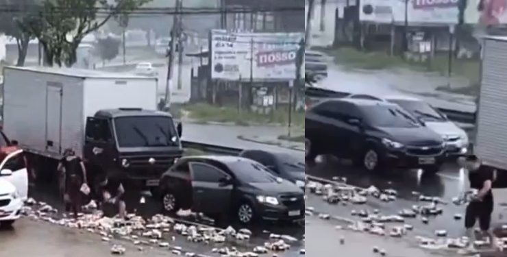 Vídeo: carga de cerveja cai na rua e povo leva as geladas para casa em Manaus