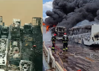 Vídeo: Balsa que pegou fogo com vários ônibus e carros em Manaus fica só com destroços