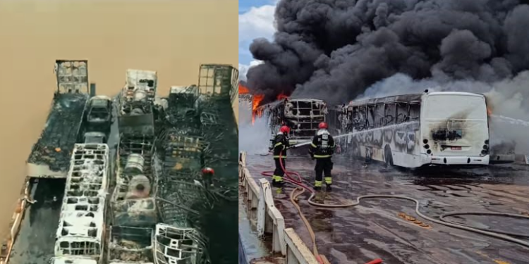 Vídeo: Balsa que pegou fogo com vários ônibus e carros em Manaus fica só com destroços