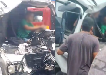 Vídeo: Duas pessoas ficam presas às ferragens após grave acidente com caminhões em Manaus