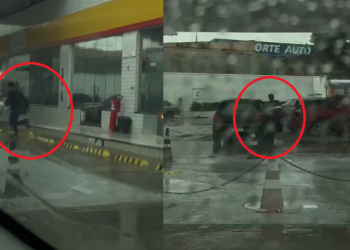 Vídeo: Bandidos são filmados assaltando posto de gasolina durante chuva em Manaus