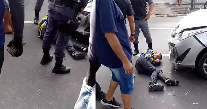 Vídeos: Suspeito de arrastão no Centro de Manaus são derrubados de moto por motorista