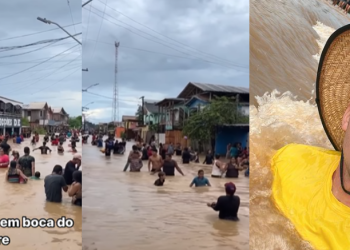 Vídeo: Amazonense viraliza ao mostrar moradores no ‘piscinão’ da rua com a chegada da cheia