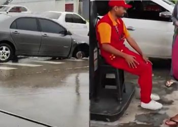 Vídeo: roda se solta de carro e quase mata frentista em Manaus