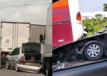 Vídeos: carros ficam embaixo de busão e caminhão após acidentes em Manaus 