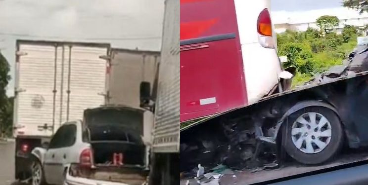 Vídeos: carros ficam embaixo de busão e caminhão após acidentes em Manaus