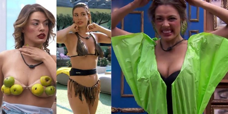 Depois das laranjas e bananas, Beatriz inova e faz 'roupa' com sacos de lixos para a festa; vídeo