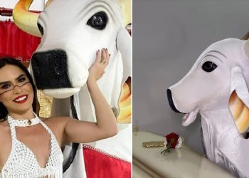 Boi Garantido deixa flor em cima do caixão da sinhazinha Djidja Cardoso