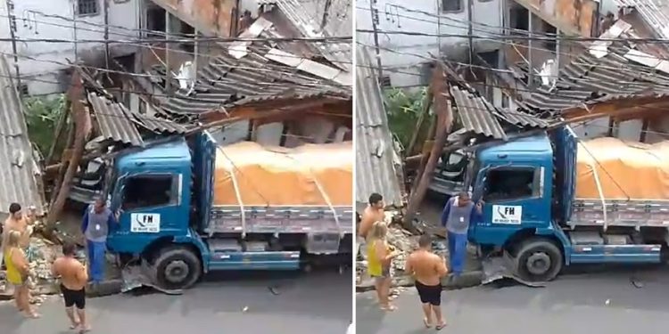 Vídeo: caminhão desgovernado desce ladeira e destrói casas no São Raimundo