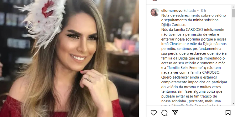Tia de Djidja Cardoso diz que irmã impediu parte da família em velório: ‘Tentamos evitar esse fim trágico’
