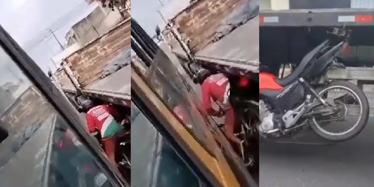 Motociclista fica ferido ao ser imprensado por carreta em Manaus: ‘Meu Deus do céu!’; veja
