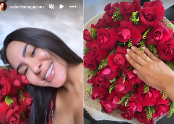 Apaixonada, Isabelle Nogueira mostra buquê de rosas e anel de compromisso dado por Matteus