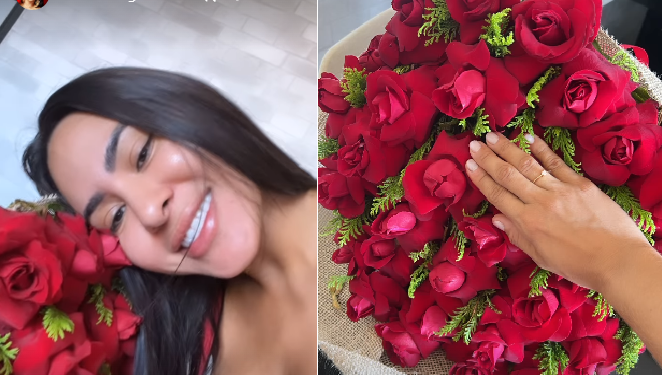 Apaixonada, Isabelle Nogueira mostra buquê de rosas e anel de compromisso dado por Matteus