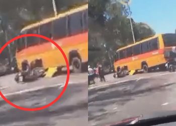 Vídeo: motoqueiro vai parar embaixo de 'Amarelinho' em acidente na Avenida Cosme Ferreira