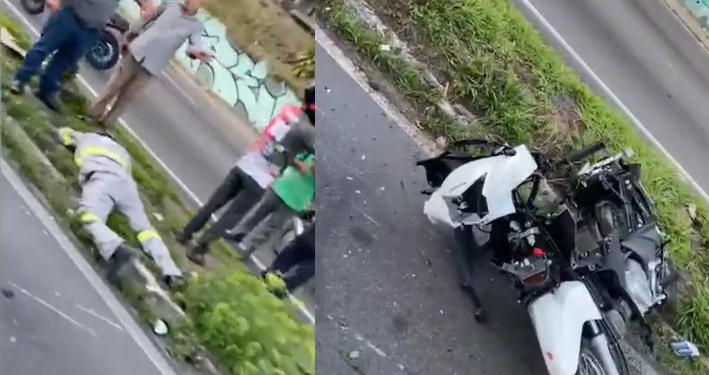 Vídeo: Moto é destruída e homens ficam feridos ao serem arremessados em via de Manaus