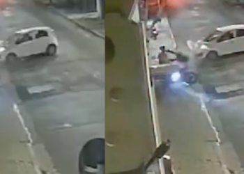 Vídeo: Perseguindo ladrão, PM acaba atropelado por idosa e fica com a perna ‘pendurada’