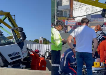 Vídeos: Motorista de carreta fica preso às ferragens ao destruir limitador de altura na Constantino Nery