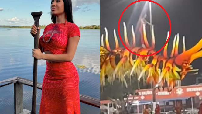 Vídeo: Já em Parintins, Isabelle Nogueira aparece testando alegoria do Garantido nas alturas