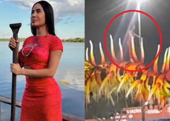 Vídeo: Já em Parintins, Isabelle Nogueira aparece testando alegoria do Garantido nas alturas