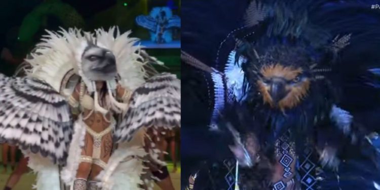 Veja Isabelle se transformando em gavião real e Marciele em uma águia durante performance em Parintins