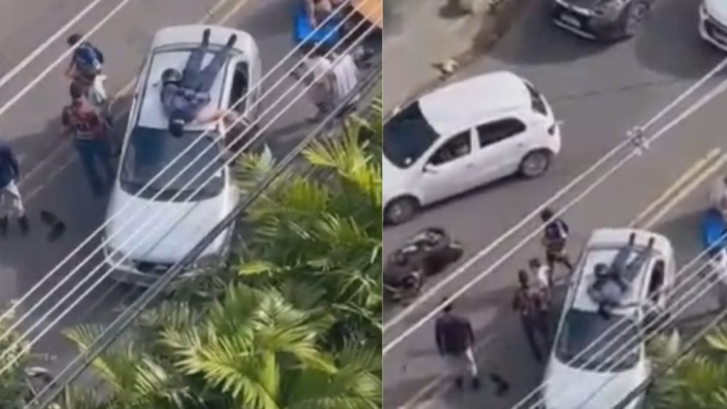 Motociclista 'voa' em acidente e vai parar no teto de carro em Manaus; foi socorrido com vida