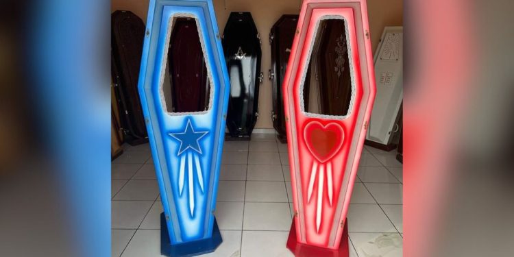 Funerária viraliza ao fabricar caixões para os torcedores do Garantido e Caprichoso em Parintins