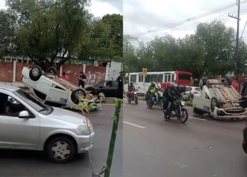 Vídeo: Na Djalma Batista, motorista tenta evitar atropelamento e acaba capotando