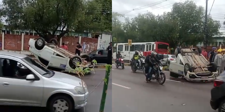Vídeo: Na Djalma Batista, motorista tenta evitar atropelamento e acaba capotando