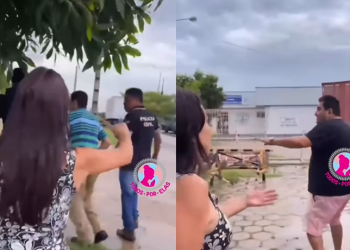 Vídeo: Mulher é vítima de agressão na frente de delegacia e pede para policiais não prenderem o marido