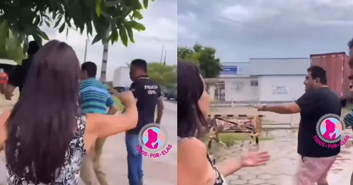 Vídeo: Mulher é vítima de agressão na frente de delegacia e pede para policiais não prenderem o marido