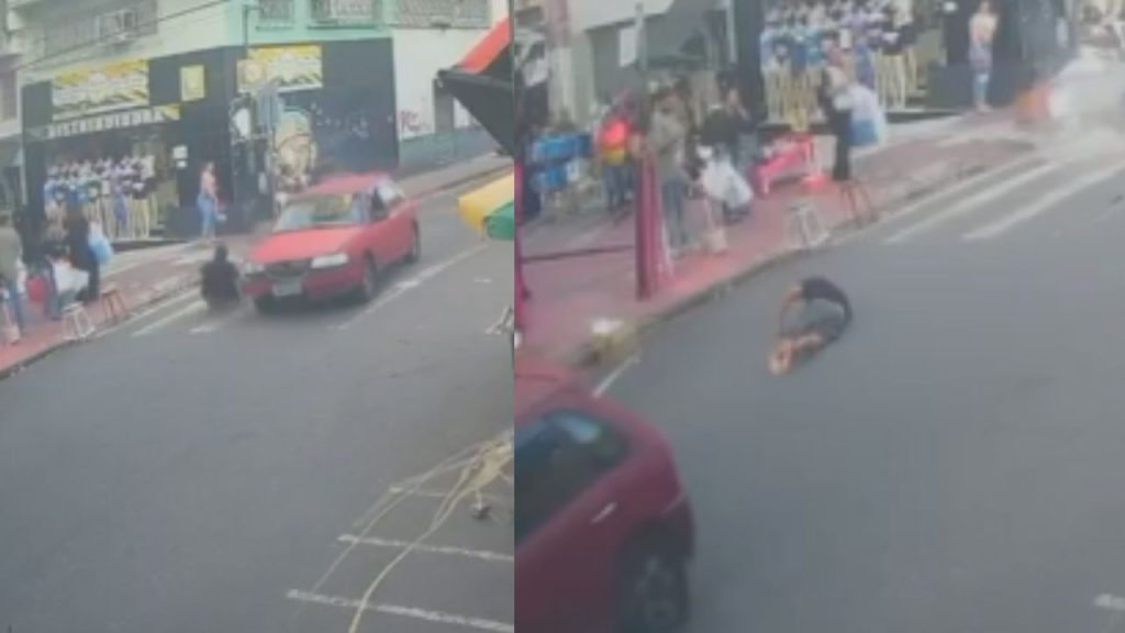 Vídeo: Vendedor ambulante do Centro é arremessado após ser atropelado; motorista é procurado