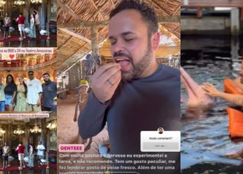 Em visita a Manaus, ex-BBB ‘turistam’ na Ponta Negra, Teatro Amazonas e comem iguarias da região