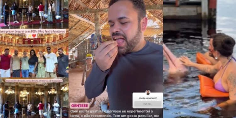 Em visita a Manaus, ex-BBB ‘turistam’ na Ponta Negra, Teatro Amazonas e comem iguarias da região