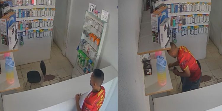 VÍDEO: Na ZL, homem entra em lojinha de acessórios e furta celular após ver que não tinha ninguém olhando