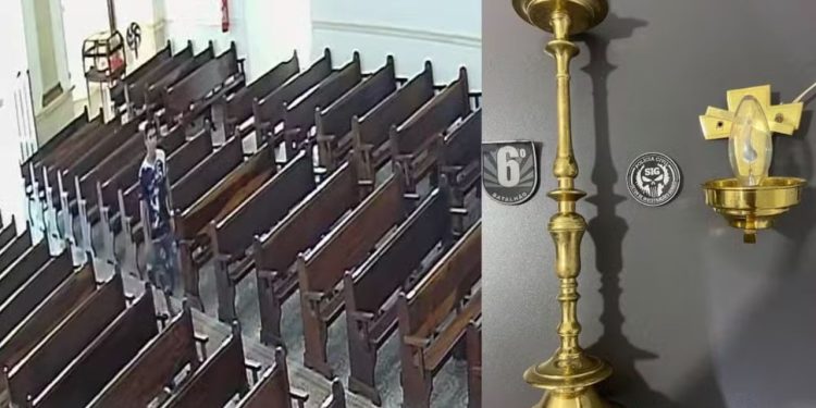 Vídeo: com todo respeito, ladrão tira boné, entra em igreja e furta candelabro