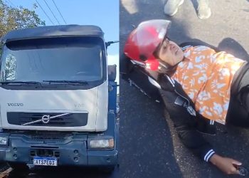 Vídeos: motoqueira escorrega em óleo derramado por caminhão, cai e quase perde o pé em Manaus