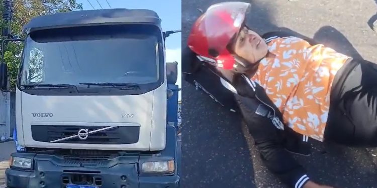 Vídeos: motoqueira escorrega em óleo derramado por caminhão, cai e quase perde o pé em Manaus