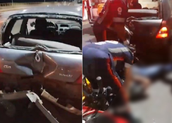 Carro tem pane na Ponte do Rio Negro e causa acidente grave com motoqueiro