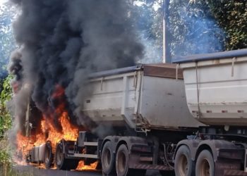 Vídeo: carreta carregada de soja da Maggi pega fogo na BR-174 no Amazonas