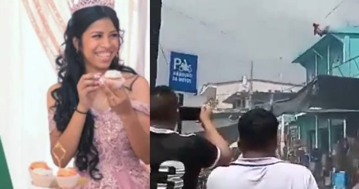Vídeo mostra jovem sendo deg0lada ao cair da laje e ficar preso no fio da rede elétrica