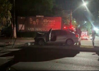 Vídeo mostra condutor colidindo com tudo em poste na André Araújo e deixando via no escuro