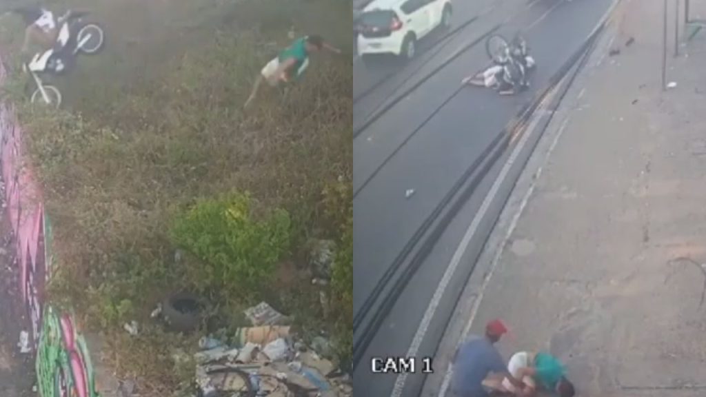 Vídeo: Na Avenida Torquato Tapajós, motoqueiro e garupa 'voam' ao despencarem de barranco em acidente