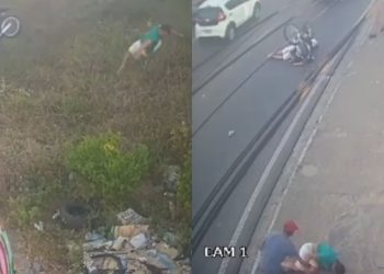Vídeo: Na Avenida Torquato Tapajós, motoqueiro e garupa 'voam' ao despencarem de barranco em acidente