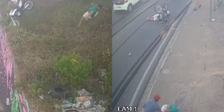 Vídeo: Na Avenida Torquato Tapajós, motoqueiro e garupa 'voam' ao despencarem de barranco em acidente