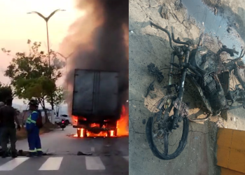 Vídeo: Motoqueiro sofre queimaduras de 3º grau após acidente com caminhão e carro em Manaus