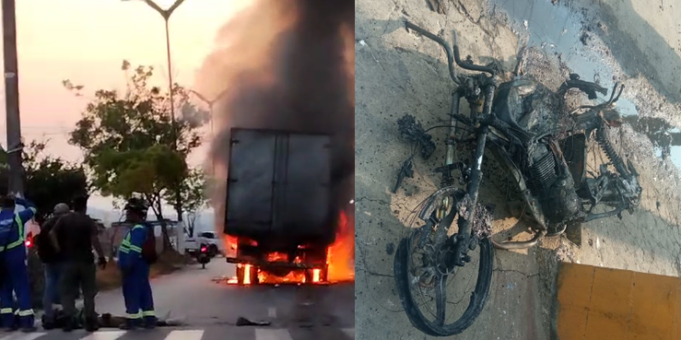 Vídeo: Motoqueiro sofre queimaduras de 3º grau após acidente com caminhão e carro em Manaus