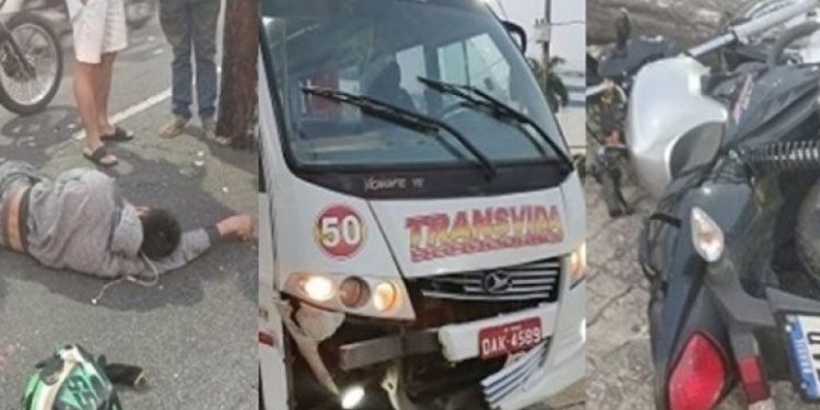 Imagem forte: motoqueiro machuca braços e pernas ao bater em micro-ônibus em Manaus