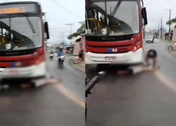 Vídeo: Com a pista molhada, motociclista ‘vara’ para debaixo de ônibus na Zona Leste de Manaus