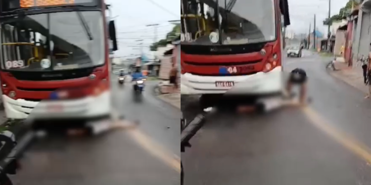 Vídeo: Com a pista molhada, motociclista ‘vara’ para debaixo de ônibus na Zona Leste de Manaus
